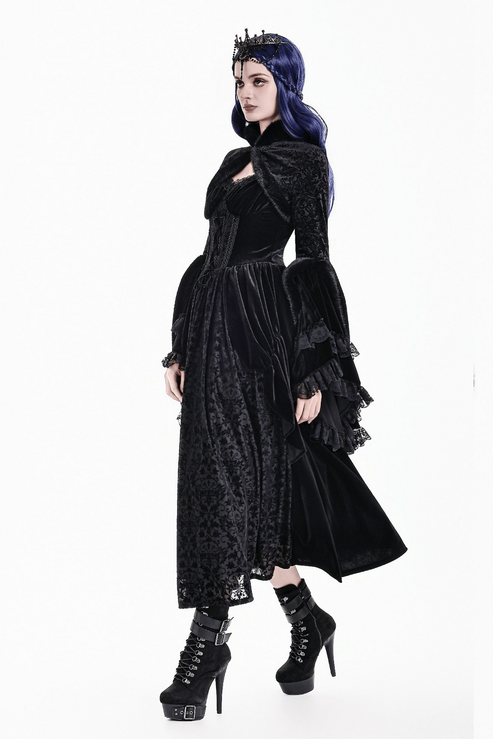 Ornate Gothic Brocade Bolero with Bell Sleeves, black velvet gothic cover-up with faux fur trim and dramatic bell cuffs