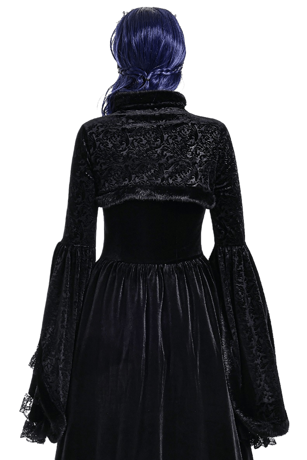 Ornate Gothic Brocade Bolero with Bell Sleeves black faux fur cropped back view