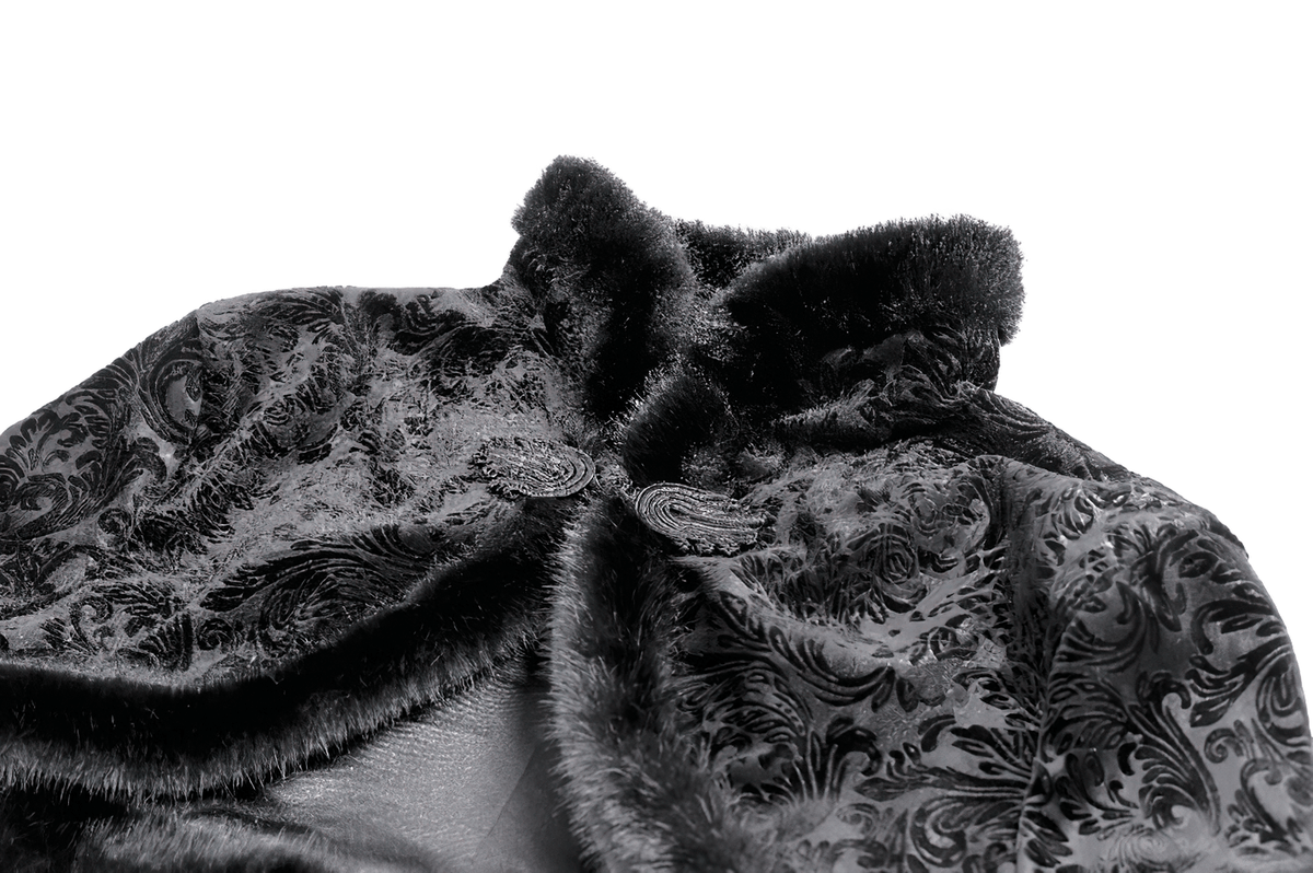 Ornate Gothic Brocade Bolero with Bell Sleeves, black brocade and faux fur trim for dramatic gothic style