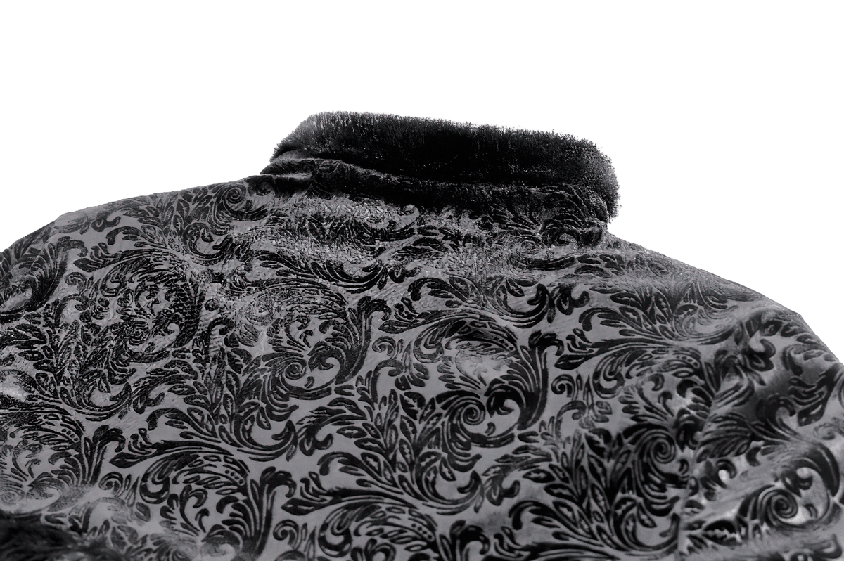 Ornate Gothic Brocade Bolero with Bell Sleeves black brocade with faux fur trim and floral pattern