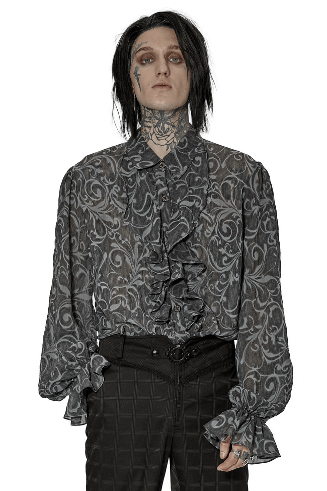 Ornate Gothic embossed shirt with buttons, featuring ruffled details and a stylish, dark elegance.
