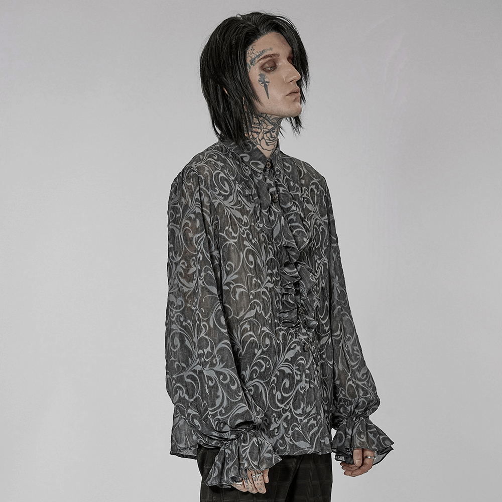 Gothic embossed shirt with ruffled sleeves, showcasing intricate patterns and stylish buttons, perfect for dark elegance.
