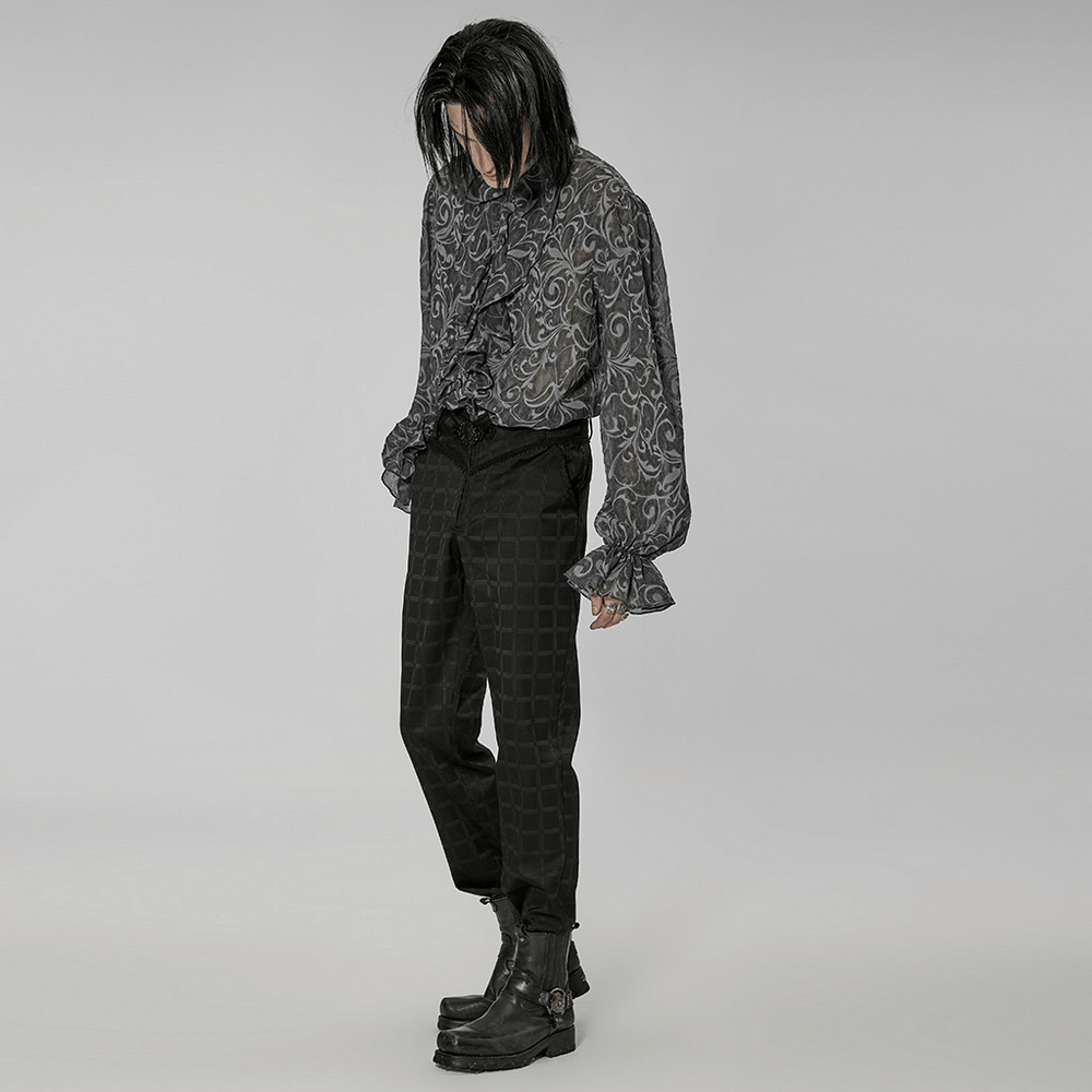 Gothic embossed pattern loose shirt, black trousers, and stylish boots in a moody fashion setting.