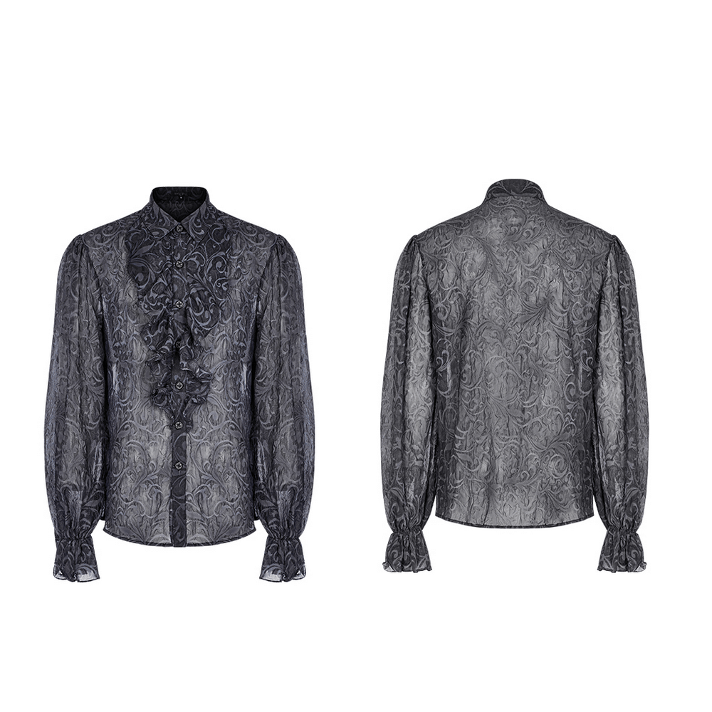Gothic embossed pattern loose shirt with buttons, showcasing exquisite detail and comfort fit in dark chiffon fabric.