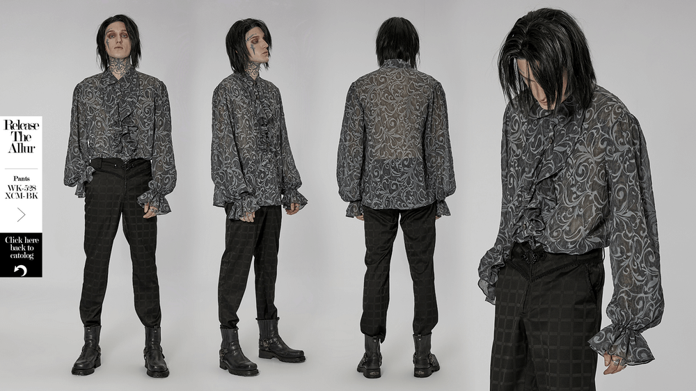 Ornate Gothic embossed shirt with buttons, showcasing exquisite design and comfort fit in dark elegance.