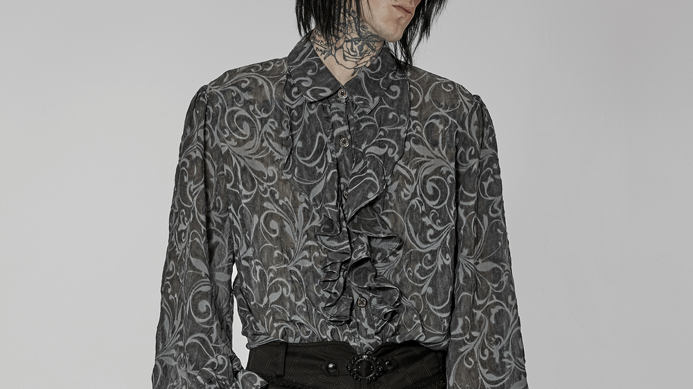 Ornate Gothic embossed pattern loose shirt with buttons, featuring exquisite detail and a comfort fit.