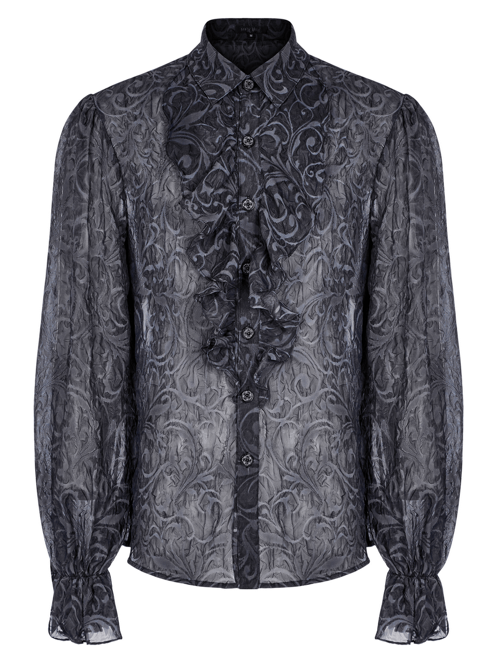 Ornate Gothic embossed pattern loose shirt with buttons, featuring exquisite detailing and sheer black chiffon fabric.