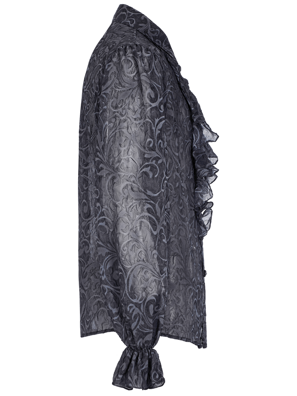 Gothic embossed pattern loose shirt showcasing exquisite detail and ruffles, perfect for dark elegance.