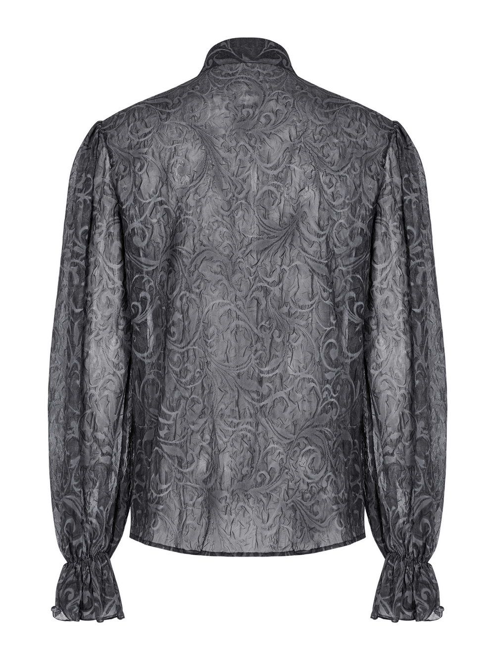 Gothic embossed shirt with elegant texture and buttons, showcasing exquisite back details in dark chiffon fabric.