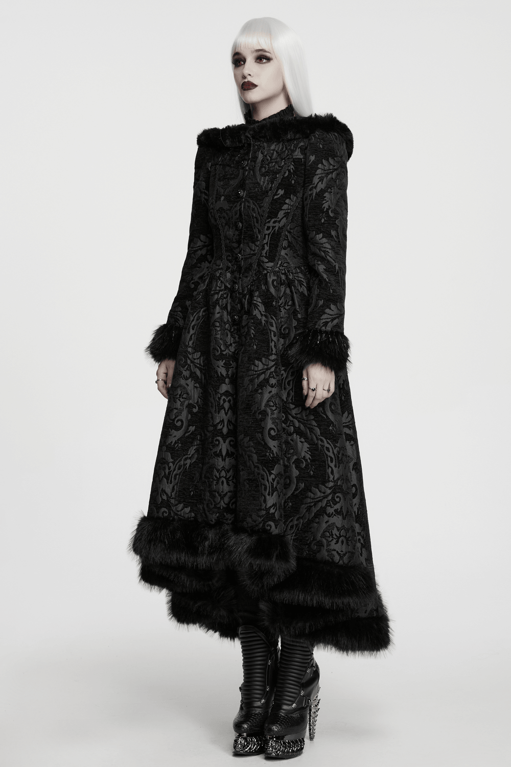 Ornate Victorian Coat with Faux Fur Trim and Corset Lacing, gothic jacquard women’s coat with dramatic A-line silhouette