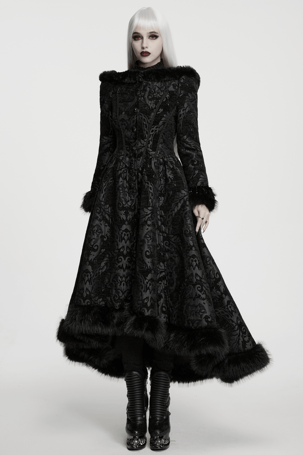Ornate Victorian Coat with Faux Fur Trim and Corset Lacing, black gothic jacquard coat with dramatic faux fur accents