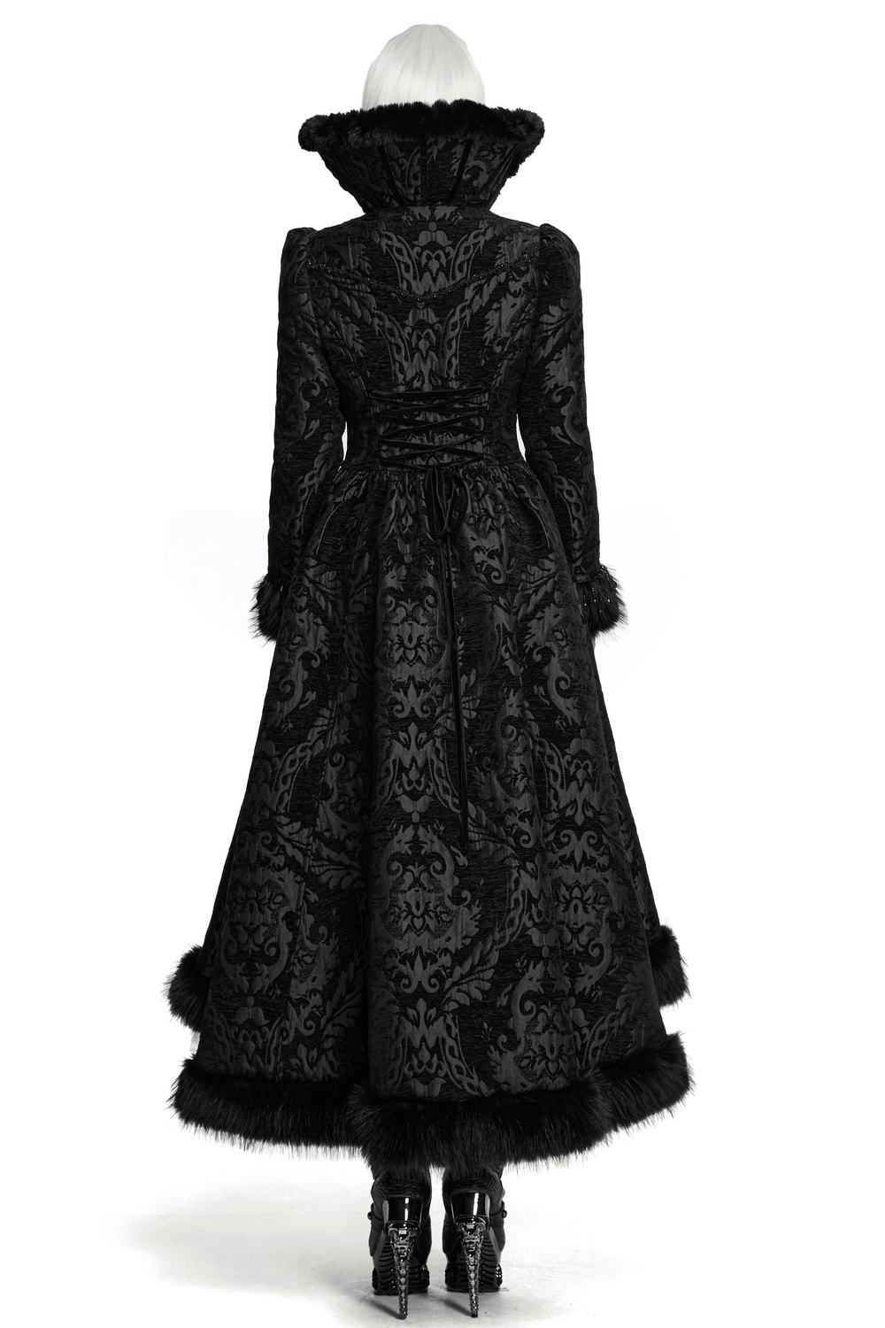 Ornate Victorian Coat with Faux Fur Trim and Corset Lacing, black gothic jacquard coat with beaded trim and high collar