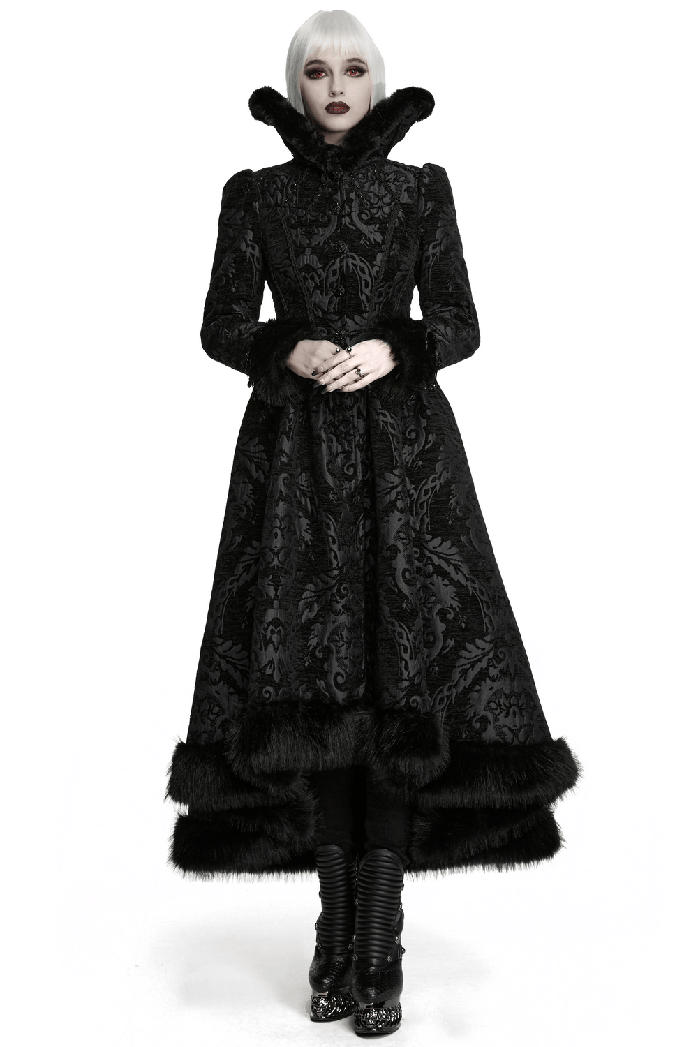 Ornate Victorian Coat with Faux Fur Trim and Corset Lacing black gothic jacquard women’s coat with dramatic faux fur