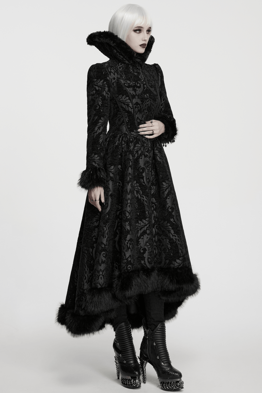 Ornate Victorian Coat with Faux Fur Trim and Corset Lacing, gothic black jacquard women's coat with faux fur accents