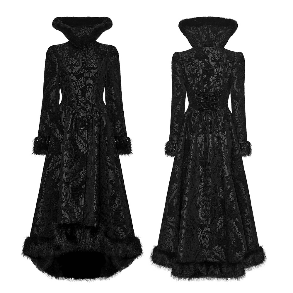 Ornate Victorian Coat with Faux Fur Trim and Corset Lacing black gothic jacquard coat with A-line cut, beaded trim and corset back