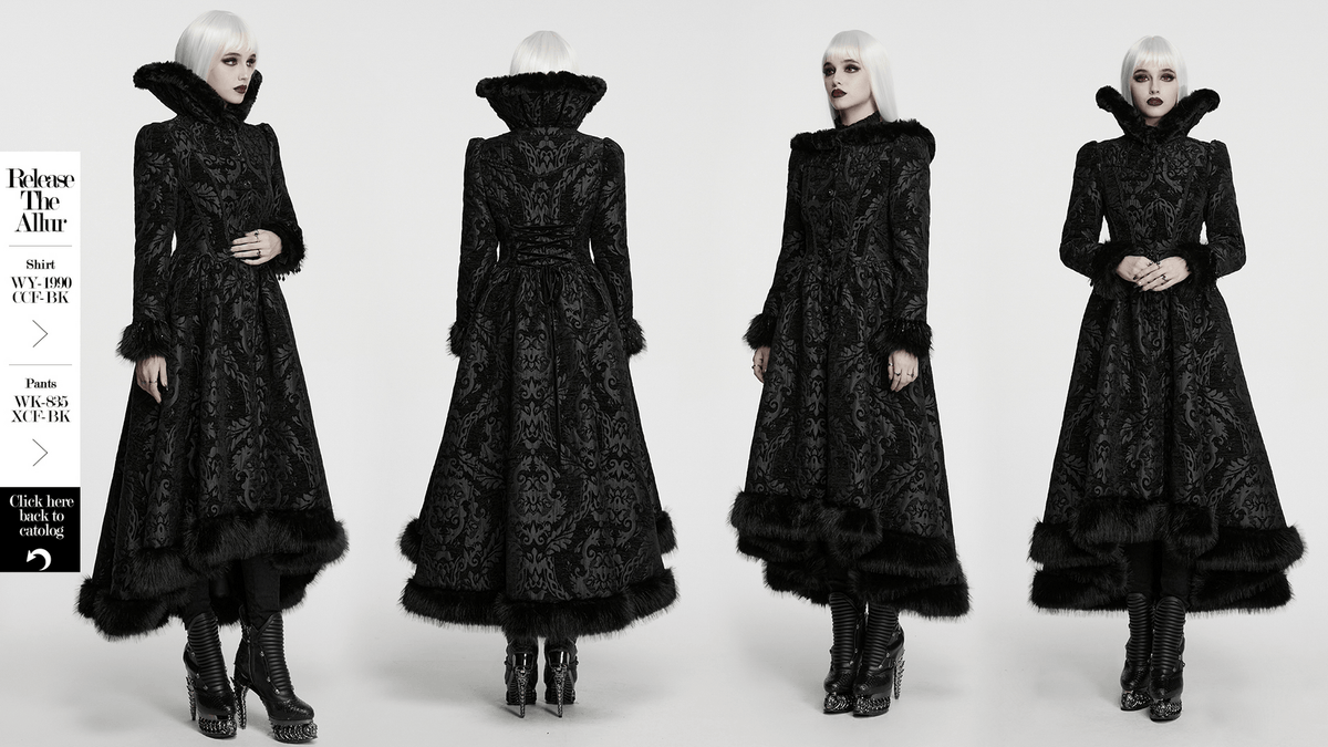 Ornate Victorian Coat with Faux Fur Trim and Corset Lacing, gothic black jacquard coat with high collar