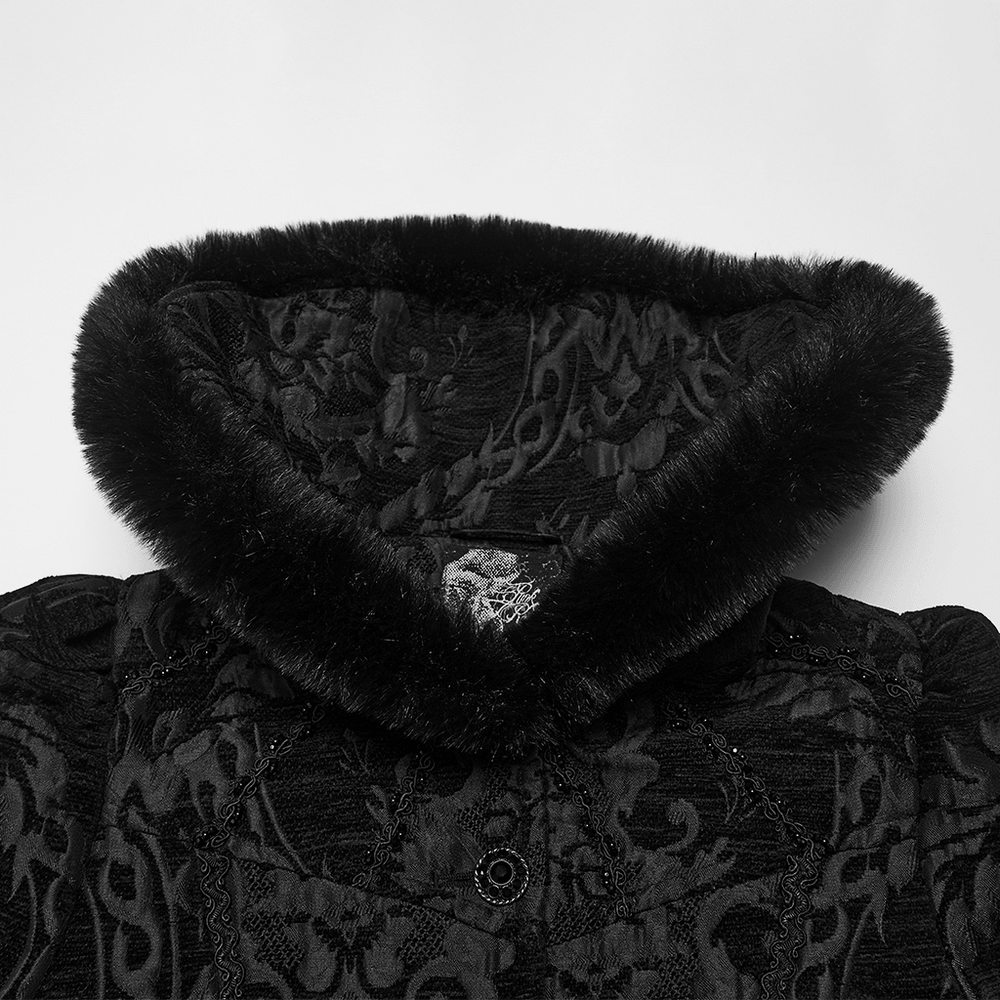 Ornate Victorian Coat with Faux Fur Trim and Corset Lacing, black gothic jacquard with plush fur collar