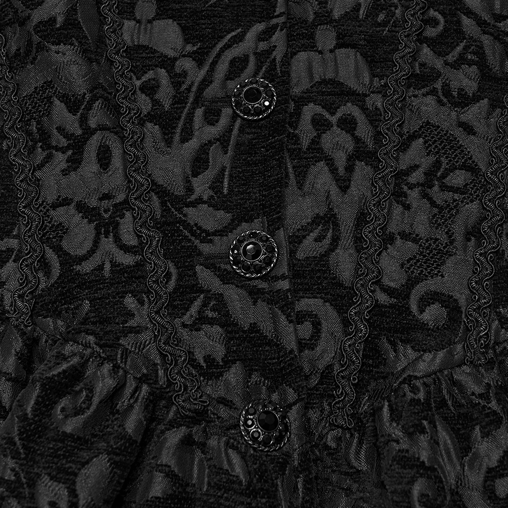 Ornate Victorian Coat with Faux Fur Trim and Corset Lacing, black jacquard fabric with gothic buttons and trim