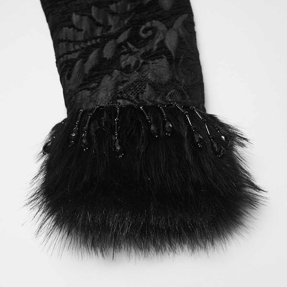 Ornate Victorian Coat with Faux Fur Trim and Corset Lacing black jacquard cuff with beaded faux fur detail