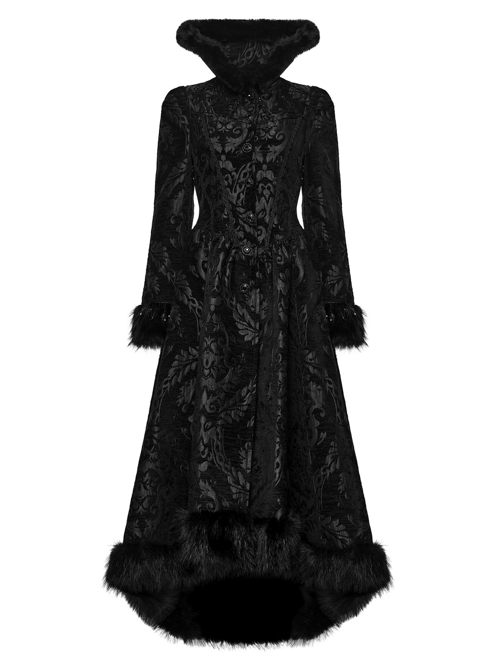 Ornate Victorian Coat with Faux Fur Trim and Corset Lacing black gothic jacquard coat with fur trim