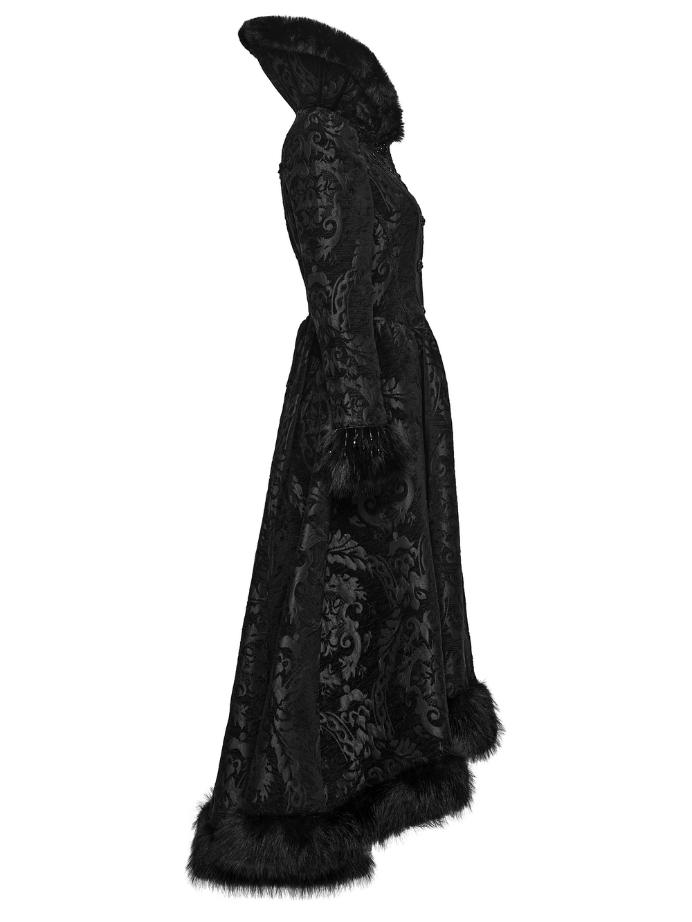 Ornate Victorian Coat with Faux Fur Trim and Corset Lacing, black gothic jacquard coat with dramatic faux fur hem