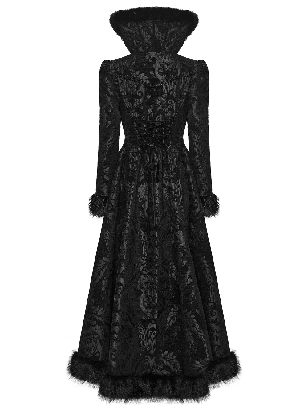 Ornate Victorian Coat with Faux Fur Trim and Corset Lacing black gothic jacquard dress coat with dramatic silhouette