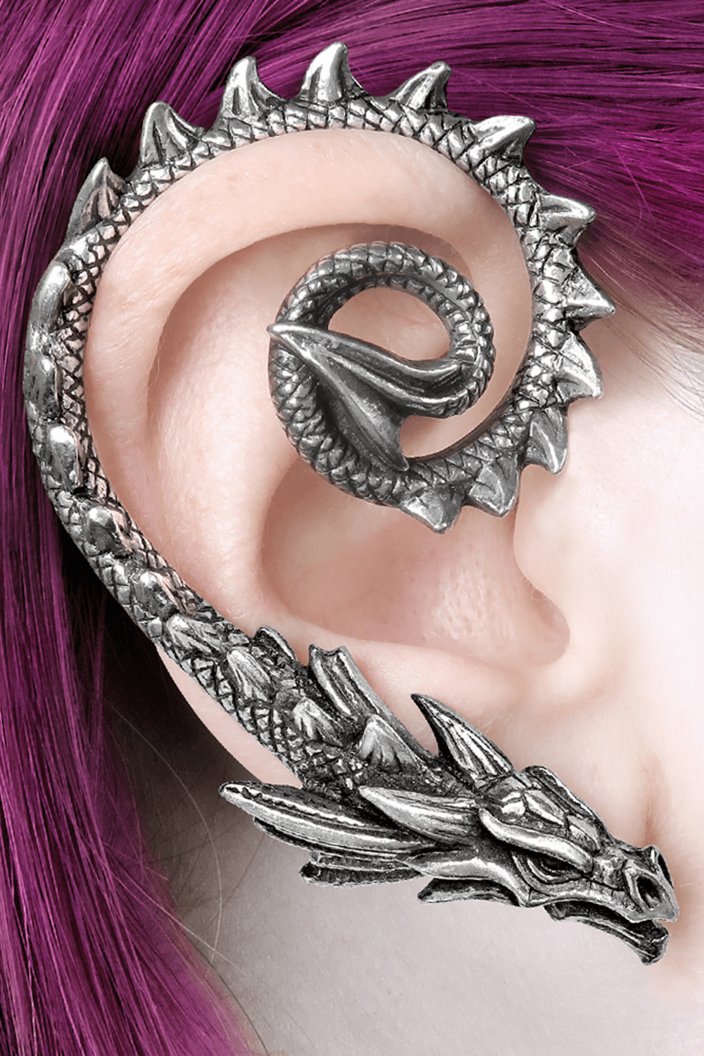 Ostrogoth Dragon Ear Wrap in polished pewter, featuring intricate dragon design, perfect for gothic fashion.