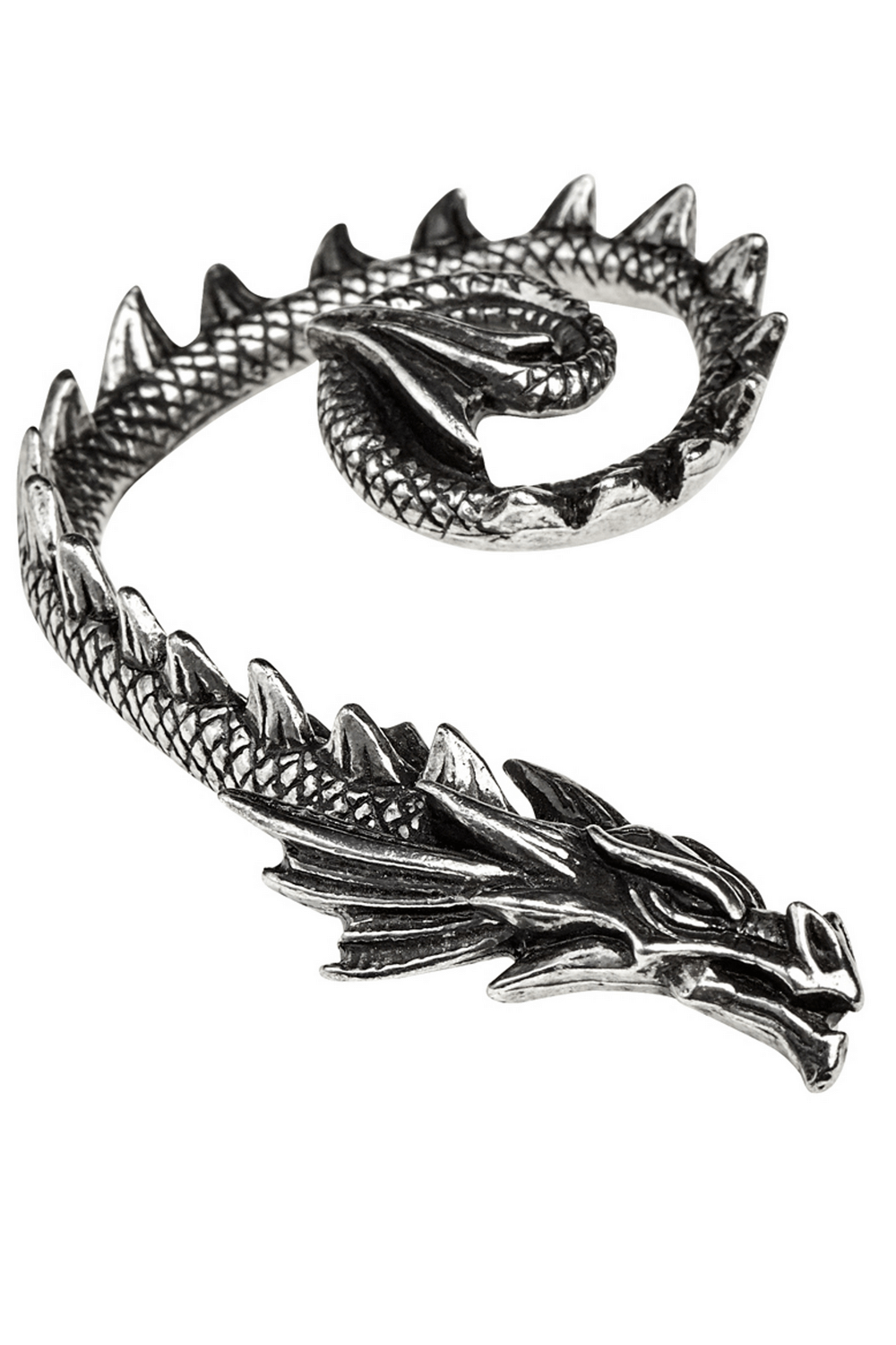 Polished pewter Ostrogoth Dragon ear wrap showcasing a detailed dragon design for gothic style.
