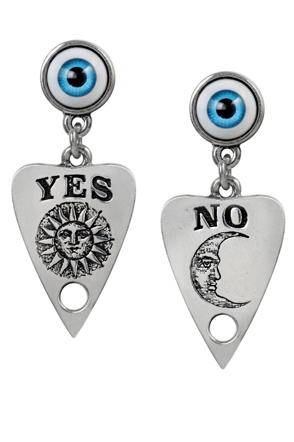 Ouija planchette earrings with engraved 'Yes' and 'No', featuring realistic acrylic eyes for a mystical touch.