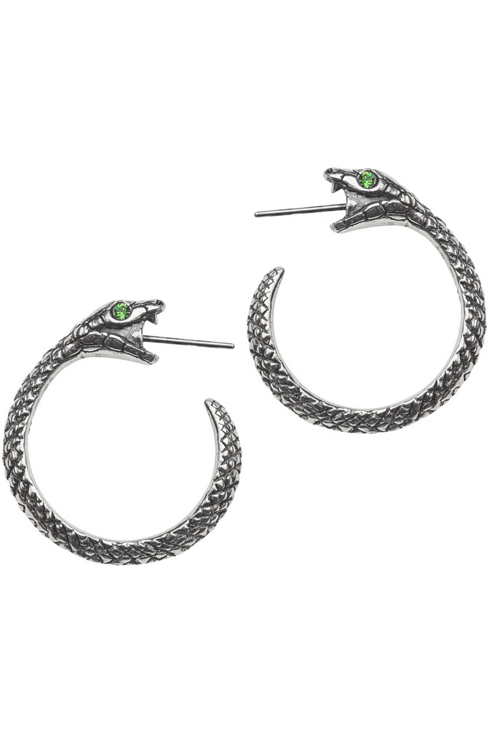 Gothic Ouroboros snake earrings with green crystal eyes, symbolizing eternity and rebirth, perfect for alternative fashion.