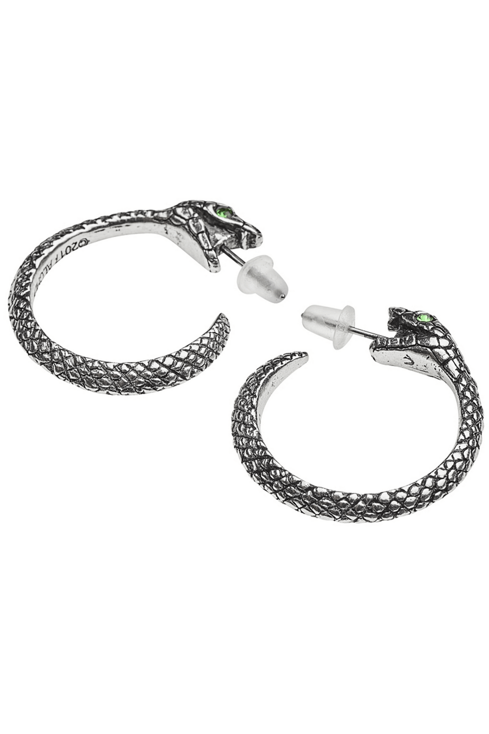 Gothic Ouroboros snake earrings with green crystal eyes, featuring detailed pewter hoops and surgical steel posts.