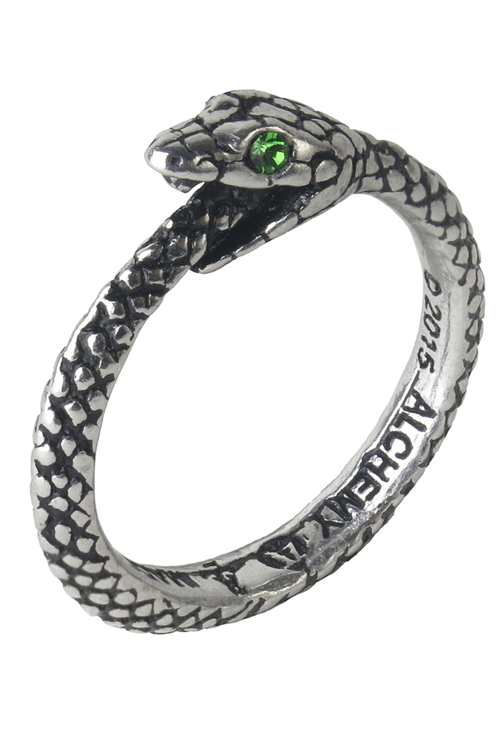 Sophia Ouroboros Serpent Ring with green Austrian crystal eyes, crafted in fine English pewter, symbolizing eternity.