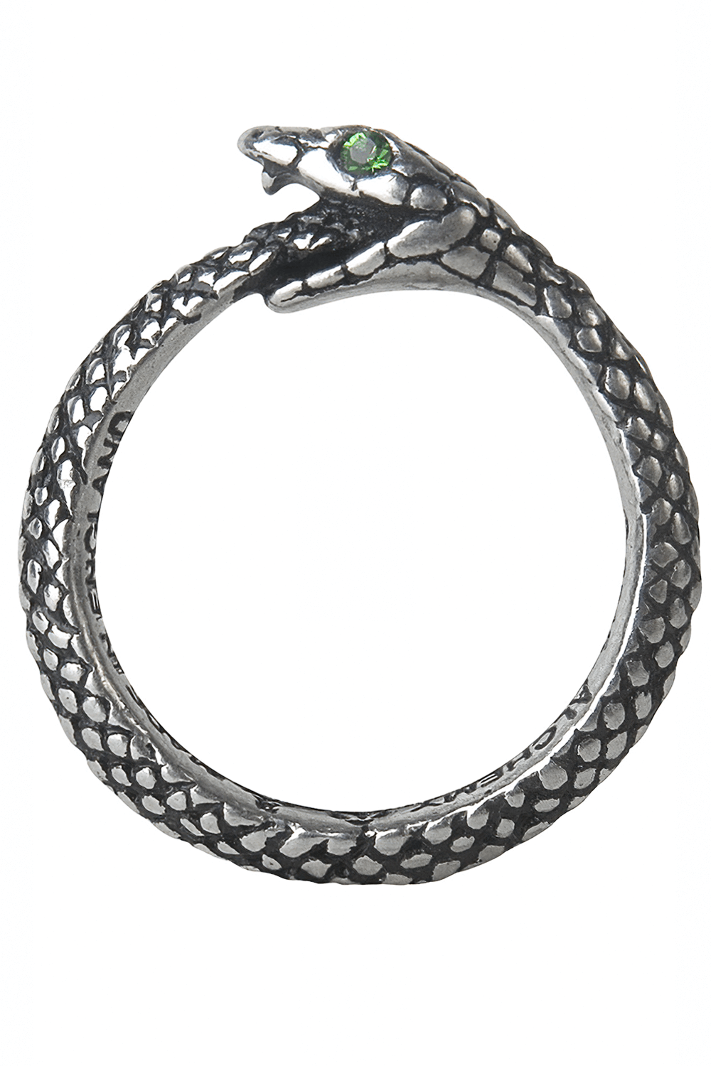 Ouroboros Sophia Serpent Ring with green Austrian crystal eyes, symbolizing eternity and unity, crafted from fine English pewter.