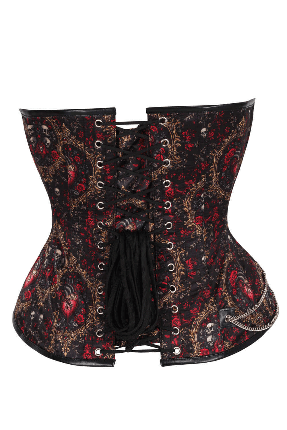 Alt Tag: Overbust Corset with Baroque Scrollwork and Skull Details black red gothic steampunk corset with lace-up back, zipper front, chain pouch