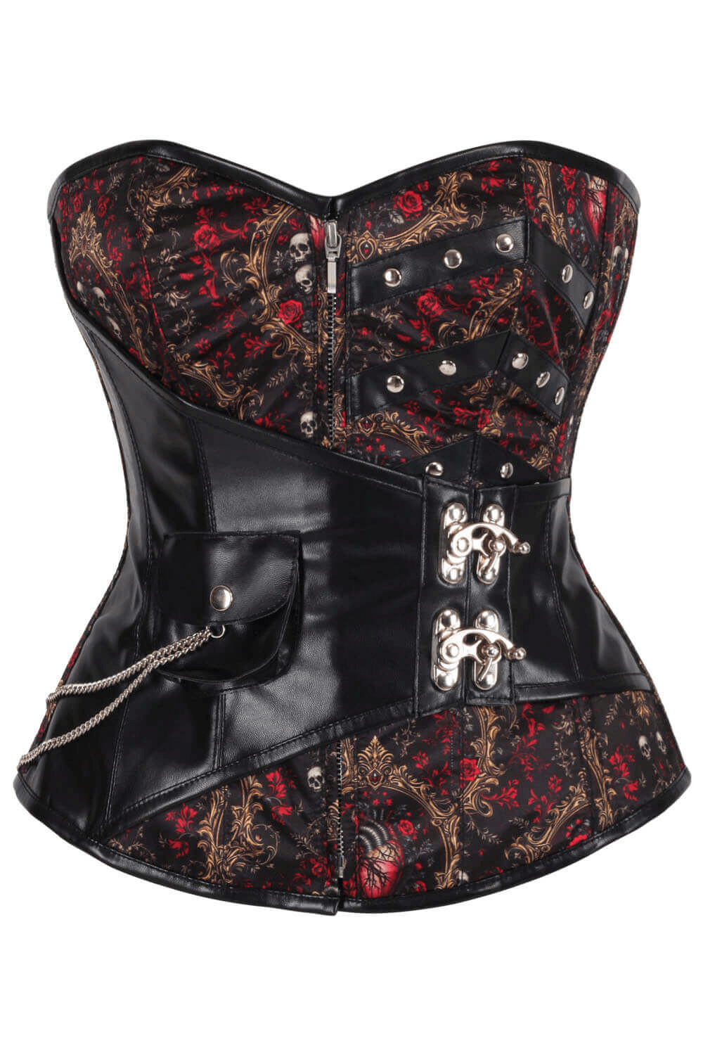 Overbust Corset with Baroque Scrollwork and Skull Details black red gold steampunk steel-boned zipper front lace-up back chain pouch