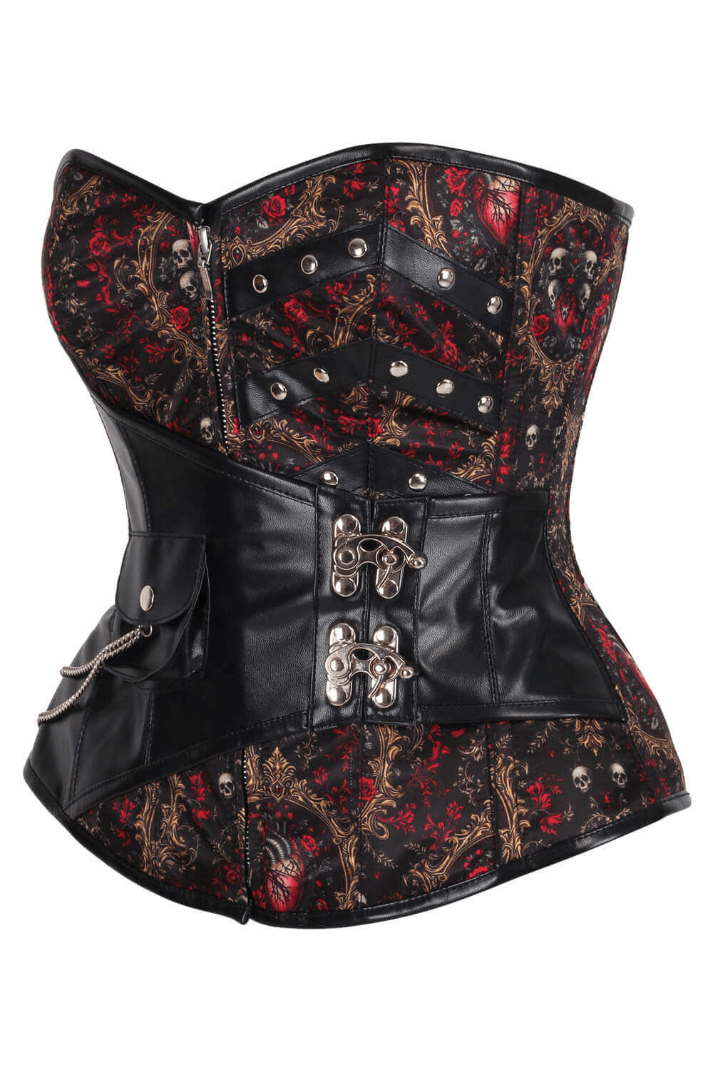 Alt Tag: Overbust Corset with Baroque Scrollwork and Skull Details black red gold steampunk gothic, steel boning, zipper, lace-up back, chain pouch
