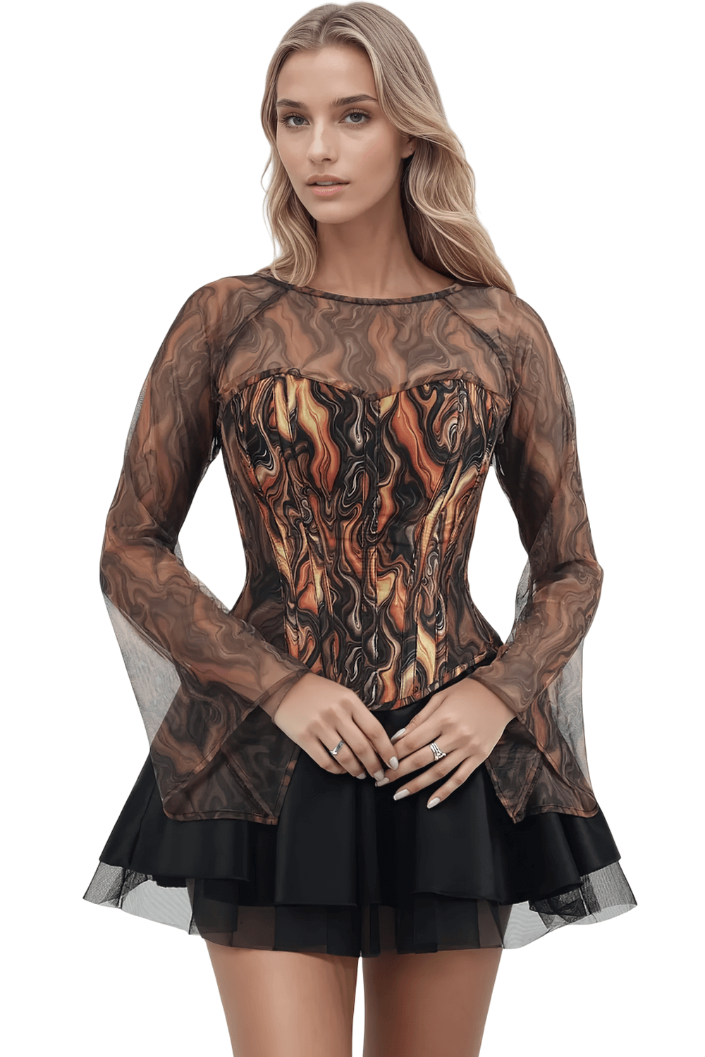 Overbust Corset with Fiery Print and Steel Boning featuring mesh sleeves and bold molten design.