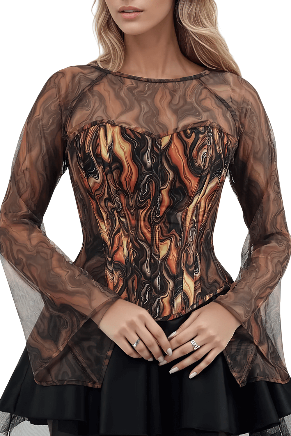 Overbust Corset with Fiery Print and Steel Boning featuring mesh sleeves and molten pattern.