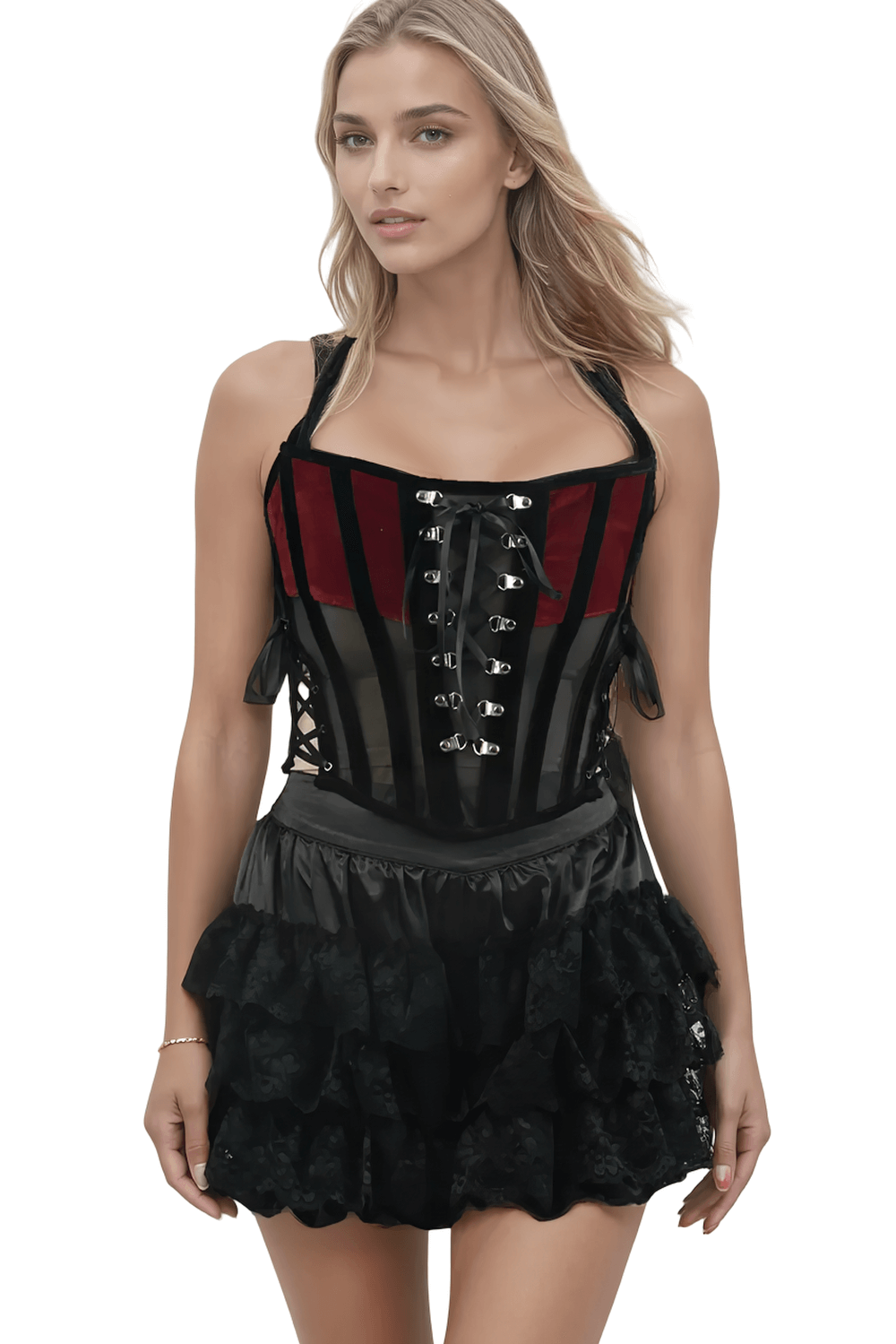 Overbust Corset with Lace-up Front and Velvet Panels modeled by a woman in a flared black skirt and dramatic corset.
