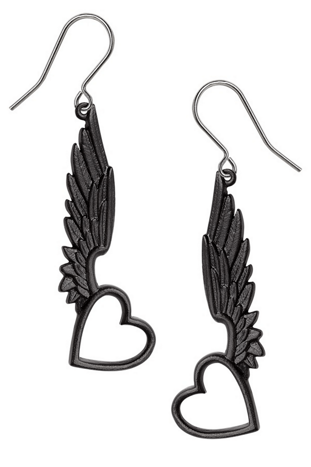 Gothic angel and demon wings heart drop earrings in black pewter, perfect for expressing love’s contrasting forces.