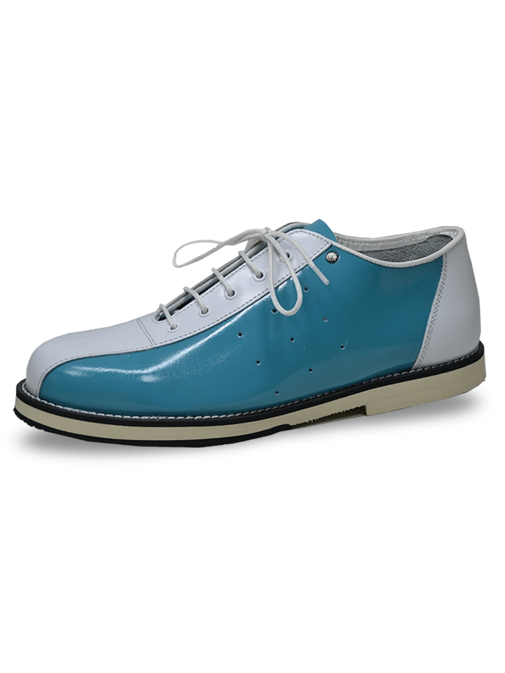 Chaussures de bowling vernies bleues et blanches avec semelle en néolite