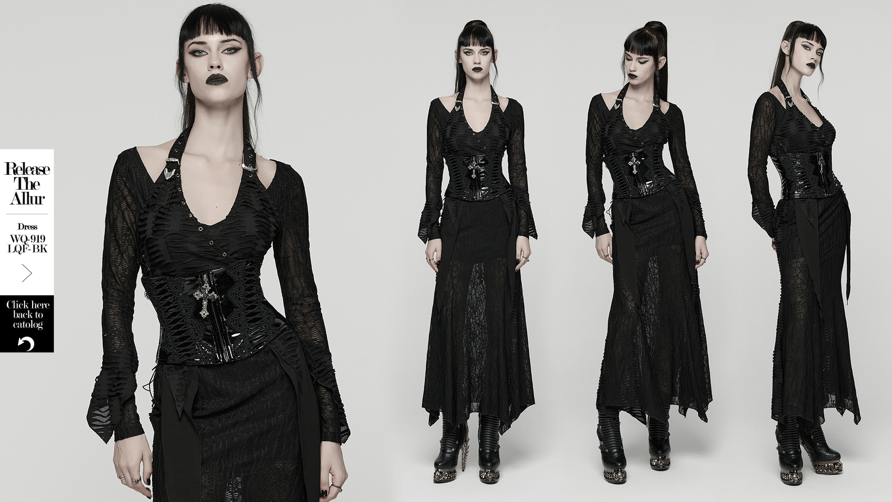 Patent Leather Corset Belt with Lace Trim and Pendant worn with a gothic outfit, showcasing dark elegance and a bold style.