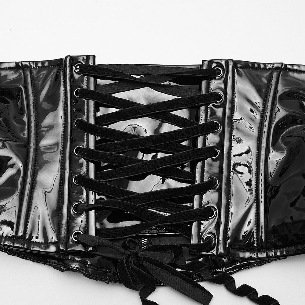 Patent Leather Corset Belt with Lace Trim and Pendant featuring intricate lace-up detailing.