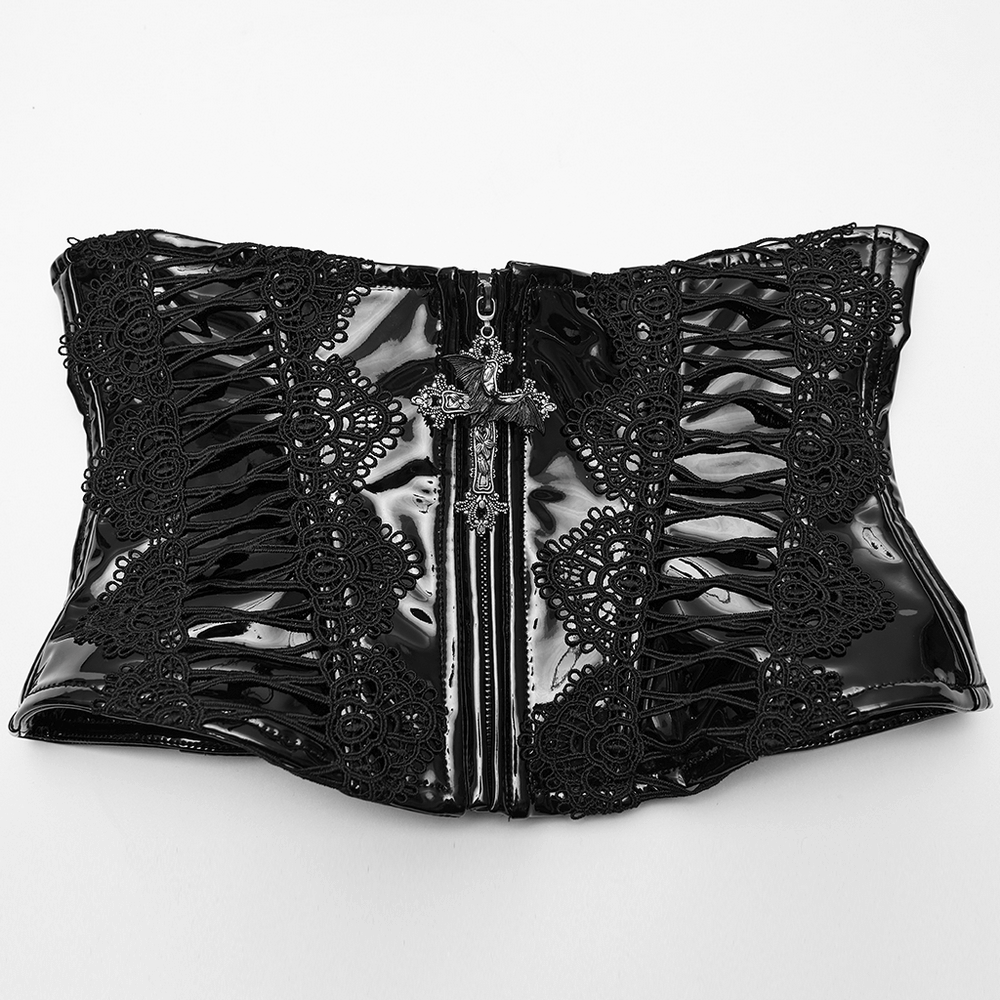 Patent Leather Corset Belt with Lace Trim and Pendant - gothic design with cross pendant and lace details.