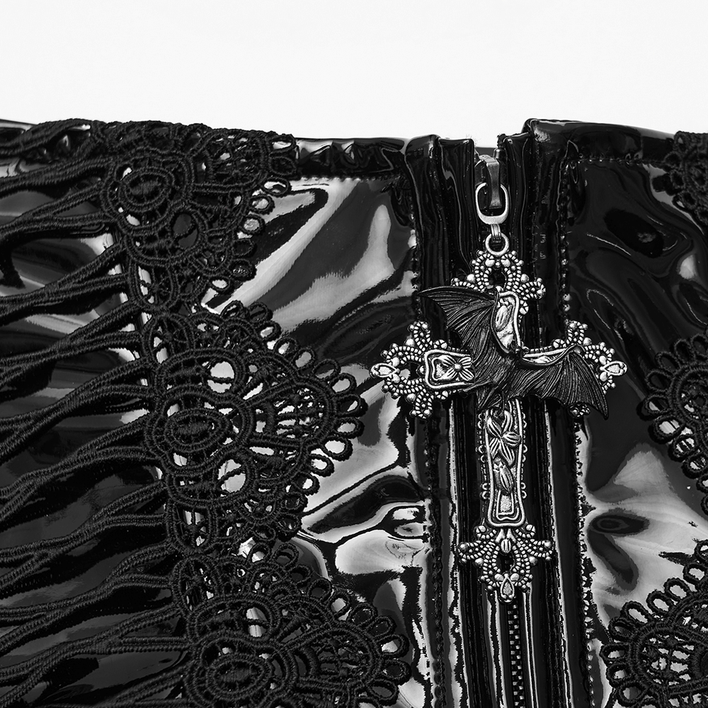 Patent Leather Corset Belt with Lace Trim and Pendant featuring lace details and gothic cross pendant.