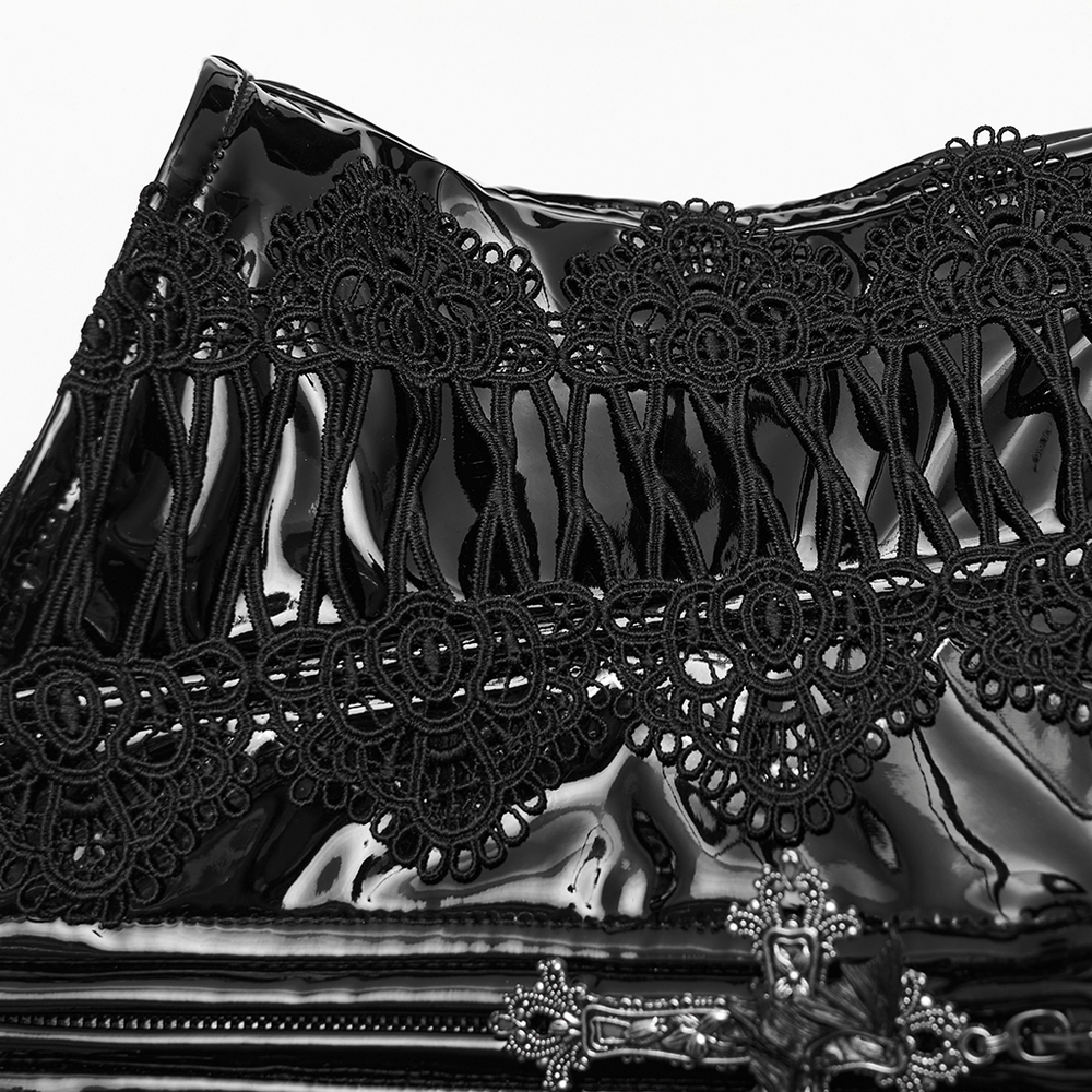 Patent Leather Corset Belt with Lace Trim and Pendant featuring intricate lace design and gothic cross pendant.