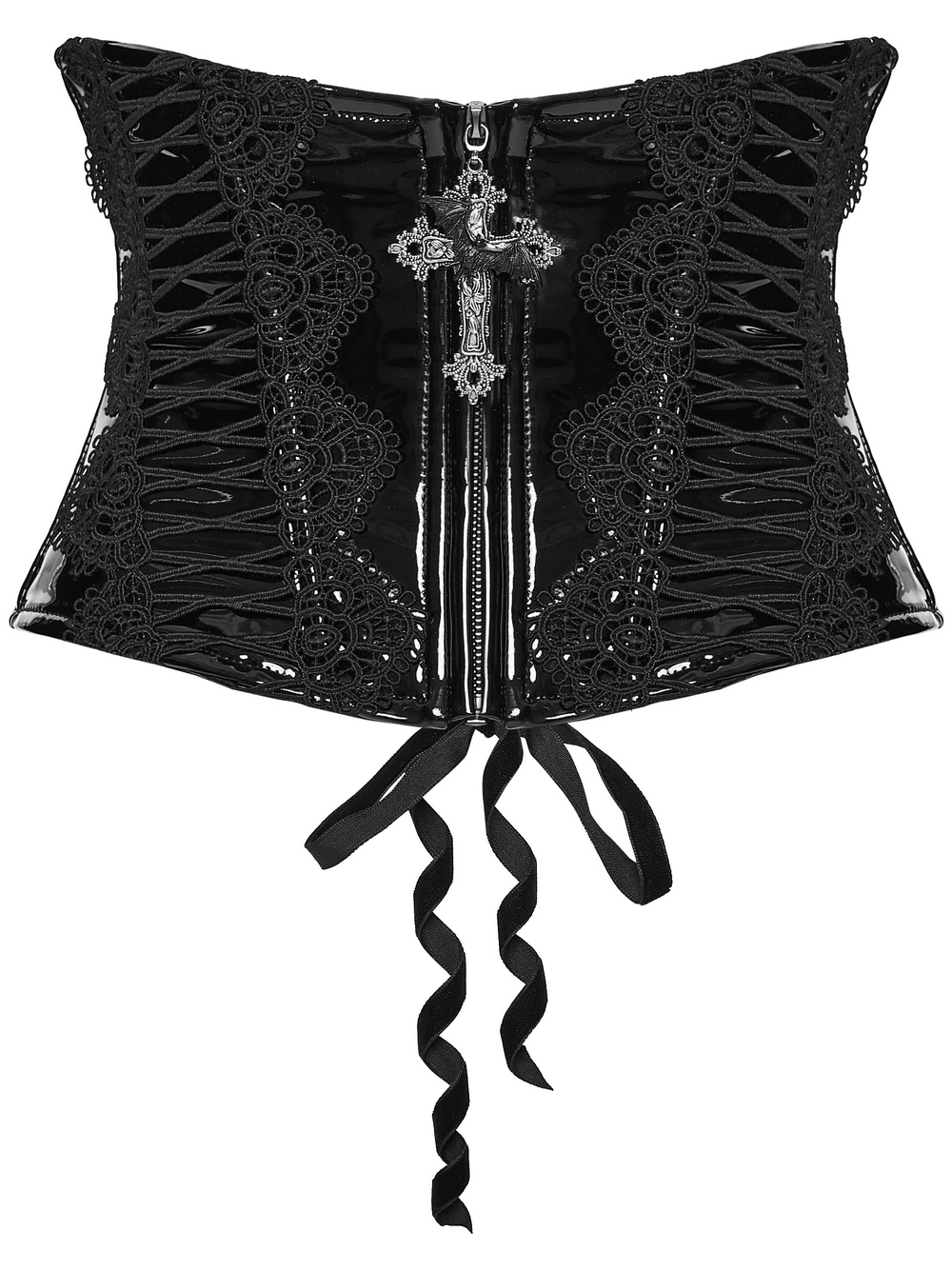 Patent Leather Corset Belt with Lace Trim and Pendant featuring elegant lace details and gothic cross pendant.