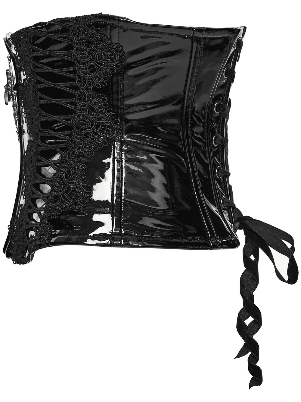Patent Leather Corset Belt with Lace Trim and Pendant showcasing shiny black patent leather and lace details.