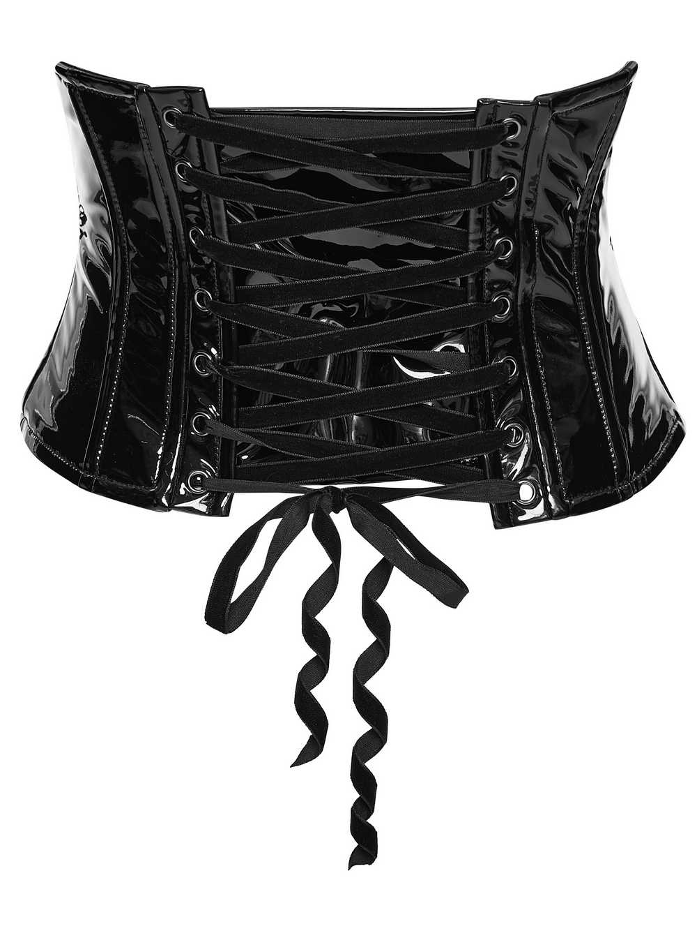 Patent Leather Corset Belt with Lace Trim and Pendant featuring lace-up back ribbons and stylish black finish.