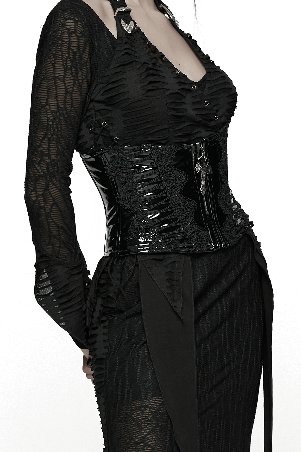 Patent Leather Corset Belt with Lace Trim and Pendant worn over black outfit, showcasing gothic elegance and intricate lace details.